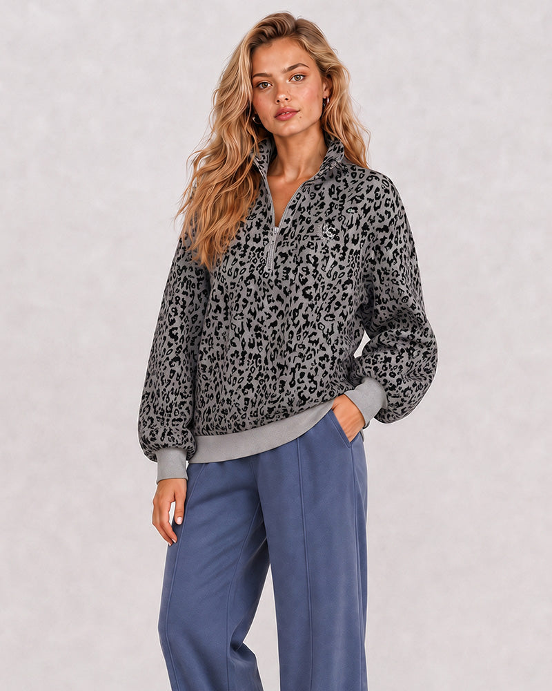 Leopard-Print Half-Zip Oversized Pullover