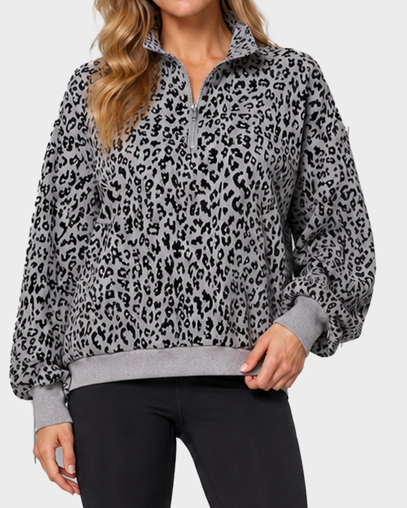 Leopard-Print Half-Zip Oversized Pullover
