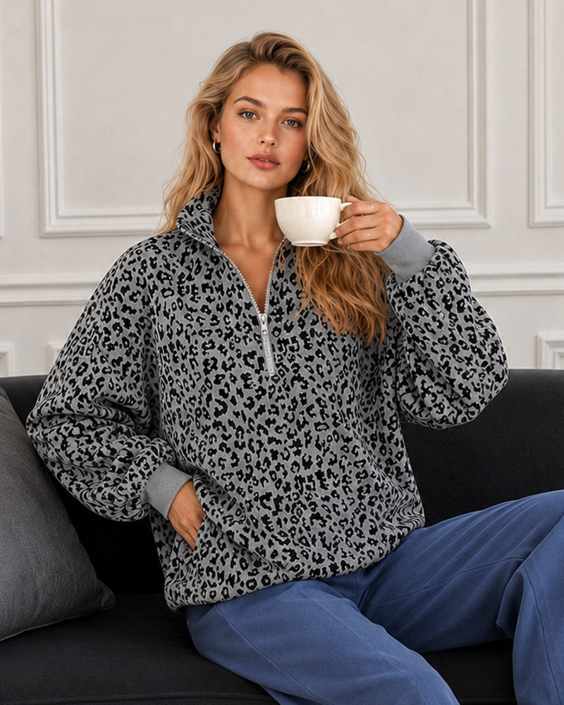 Leopard-Print Half-Zip Oversized Pullover