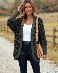 Leopard-Print Open-Front Knit Cardigan with Pockets