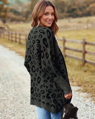 Leopard-Print Open-Front Knit Cardigan with Pockets