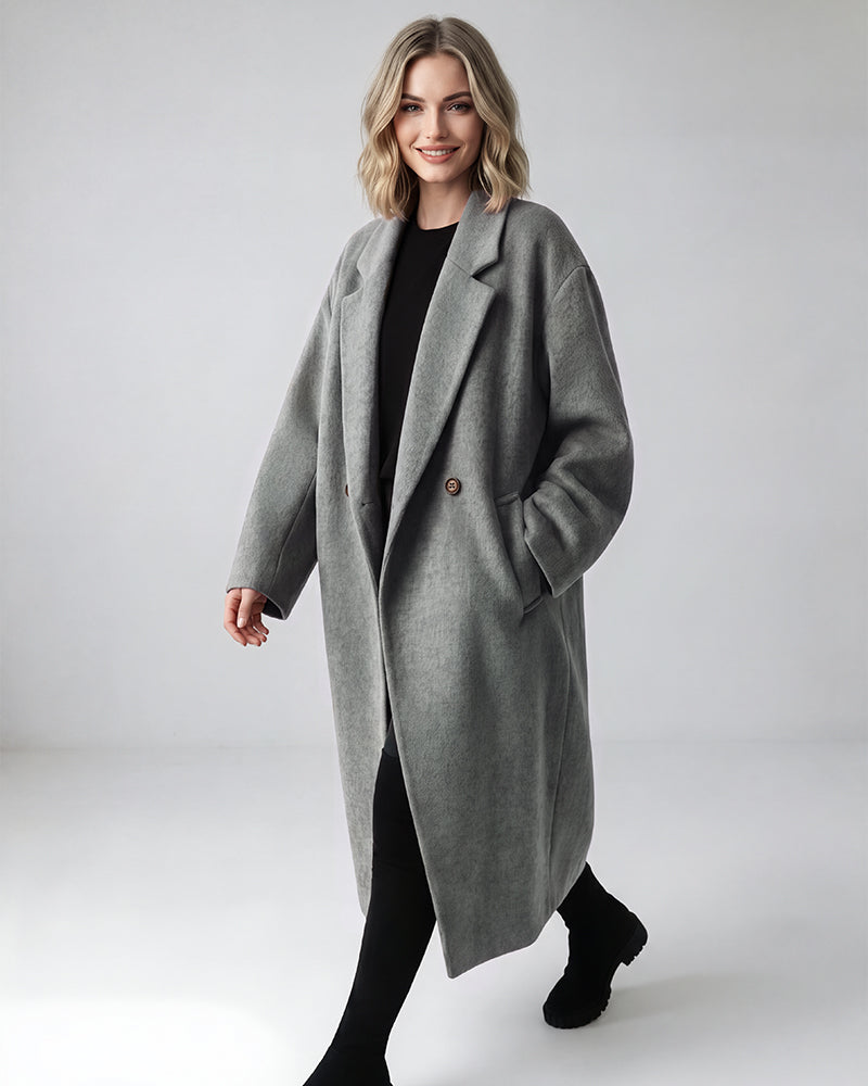Long Double-Breasted Notched-Lapel Coat
