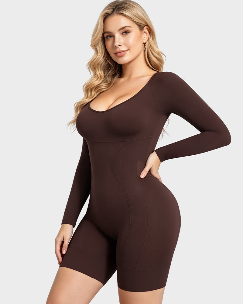 Long-Sleeve Seamless Sculpting Short Bodysuit