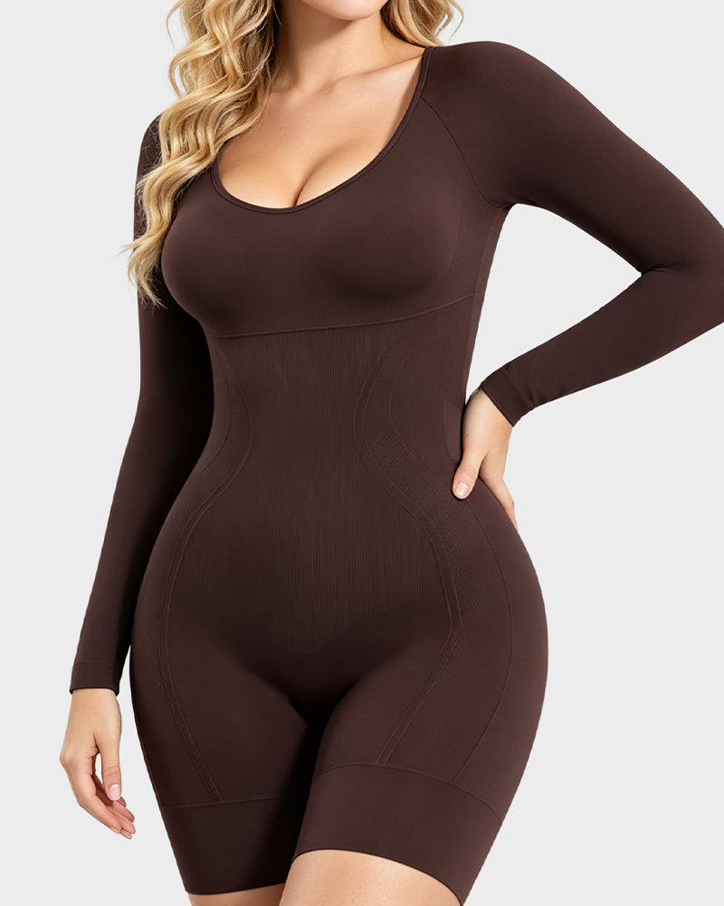Long-Sleeve Seamless Sculpting Short Bodysuit