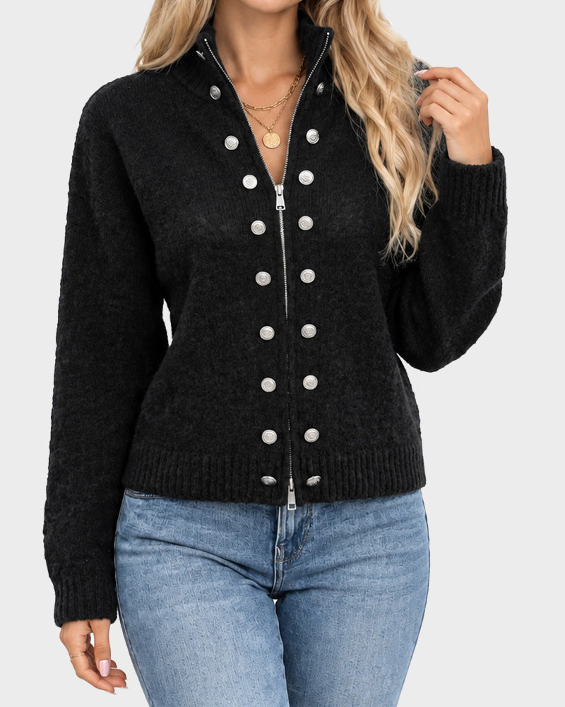 Mock-Neck Two-Way Zip Knit Cardigan