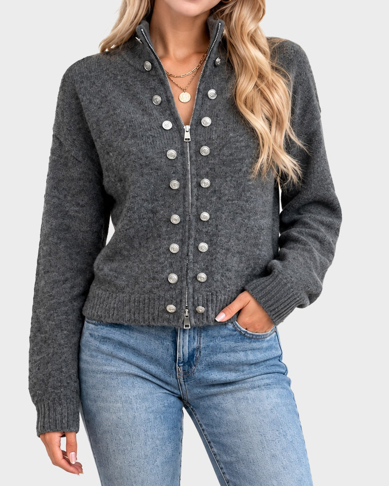Mock-Neck Two-Way Zip Knit Cardigan