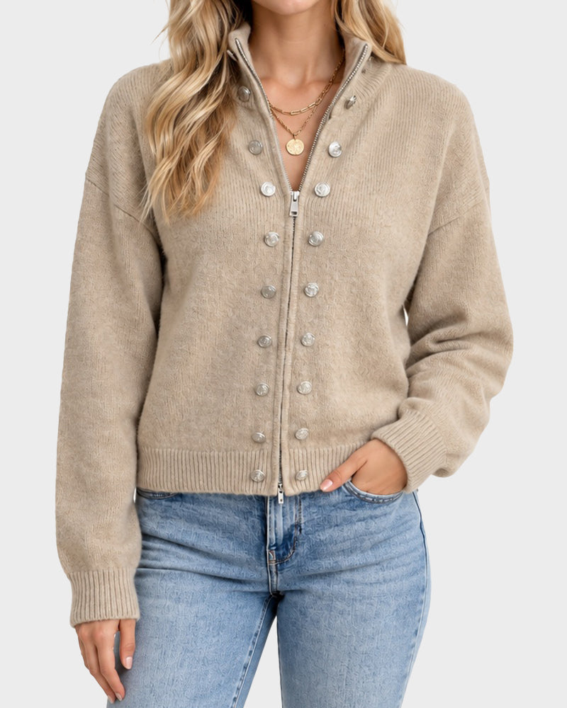 Mock-Neck Two-Way Zip Knit Cardigan