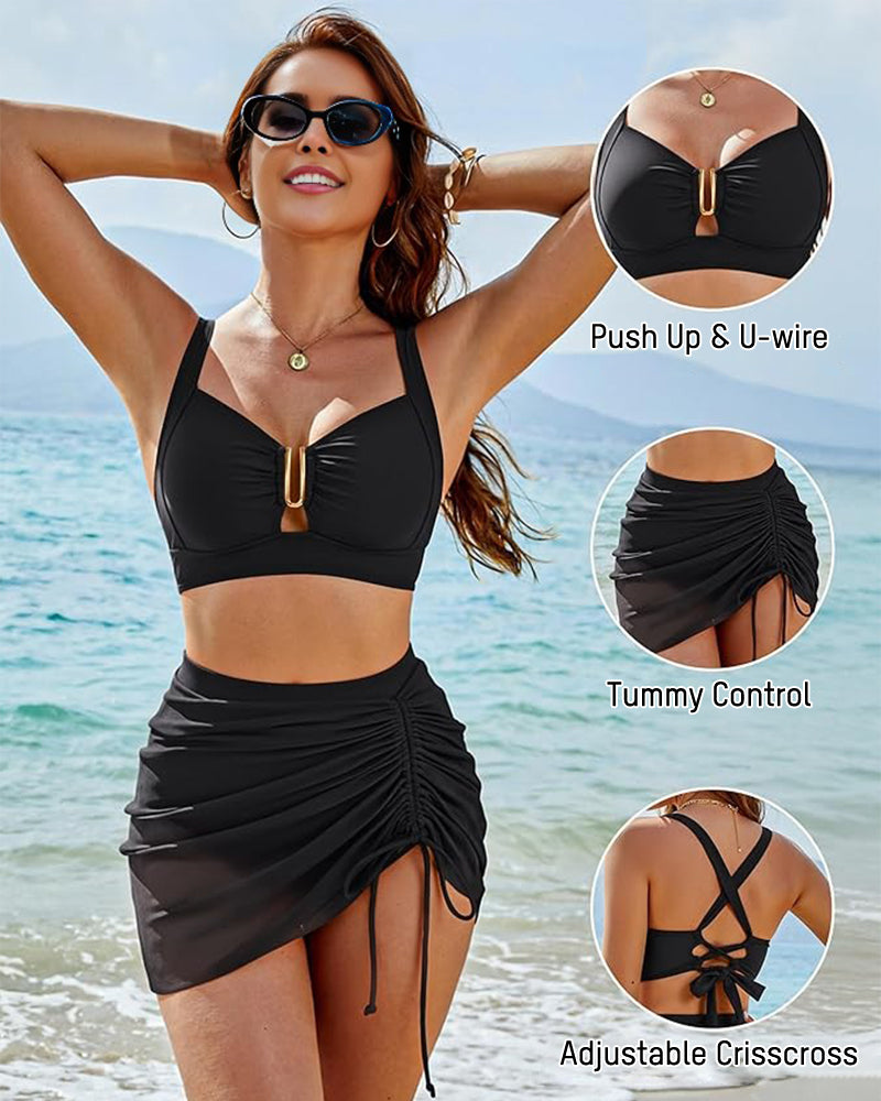 Modest U-Wire Tummy Control Bikini Skirt Set