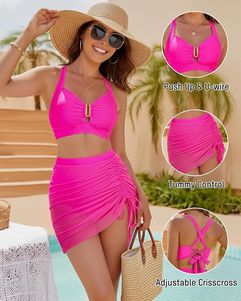 Modest U-Wire Tummy Control Bikini Skirt Set