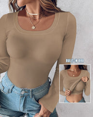 Long Sleeve Ribbed Fitted Top with Built-In Bra