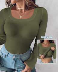 Long Sleeve Ribbed Fitted Top with Built-In Bra