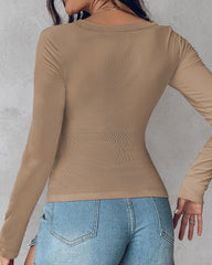 Long Sleeve Ribbed Fitted Top with Built-In Bra