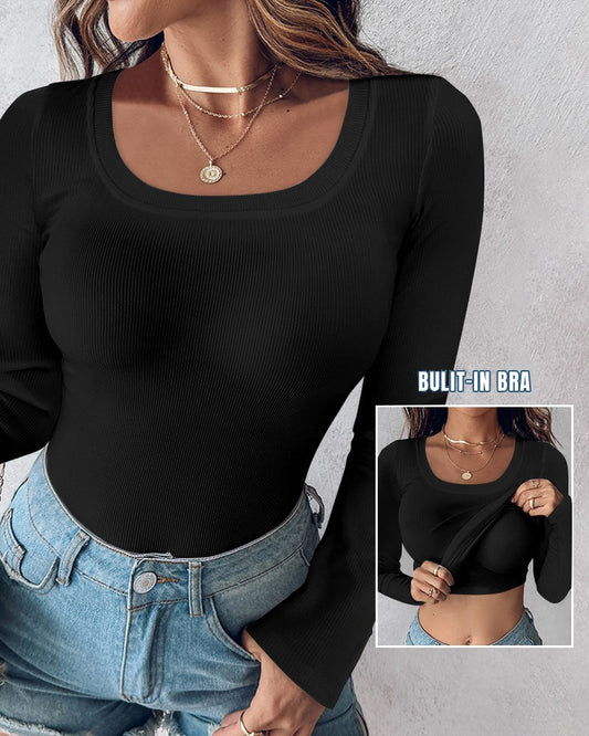 Long Sleeve Ribbed Fitted Top with Built-In Bra