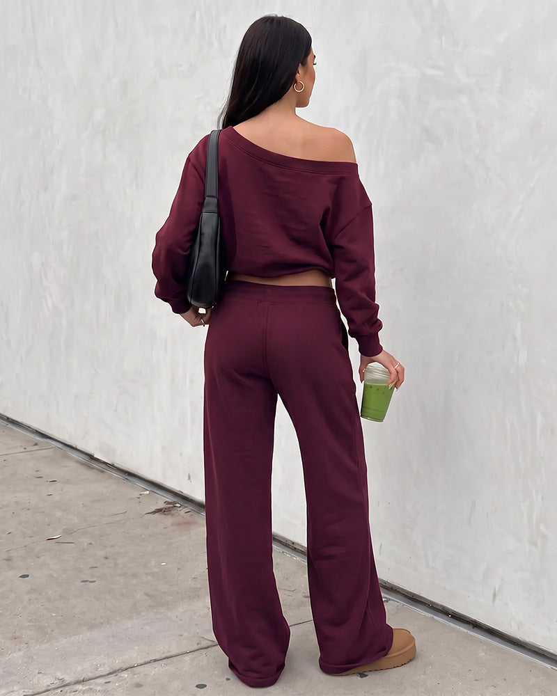 Off-Shoulder Wide-Leg 2-Piece Sweatsuit
