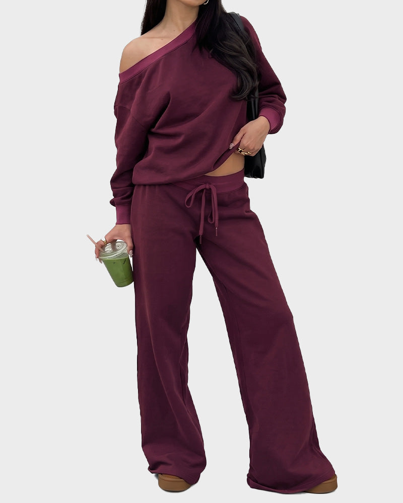 Off-Shoulder Wide-Leg 2-Piece Sweatsuit