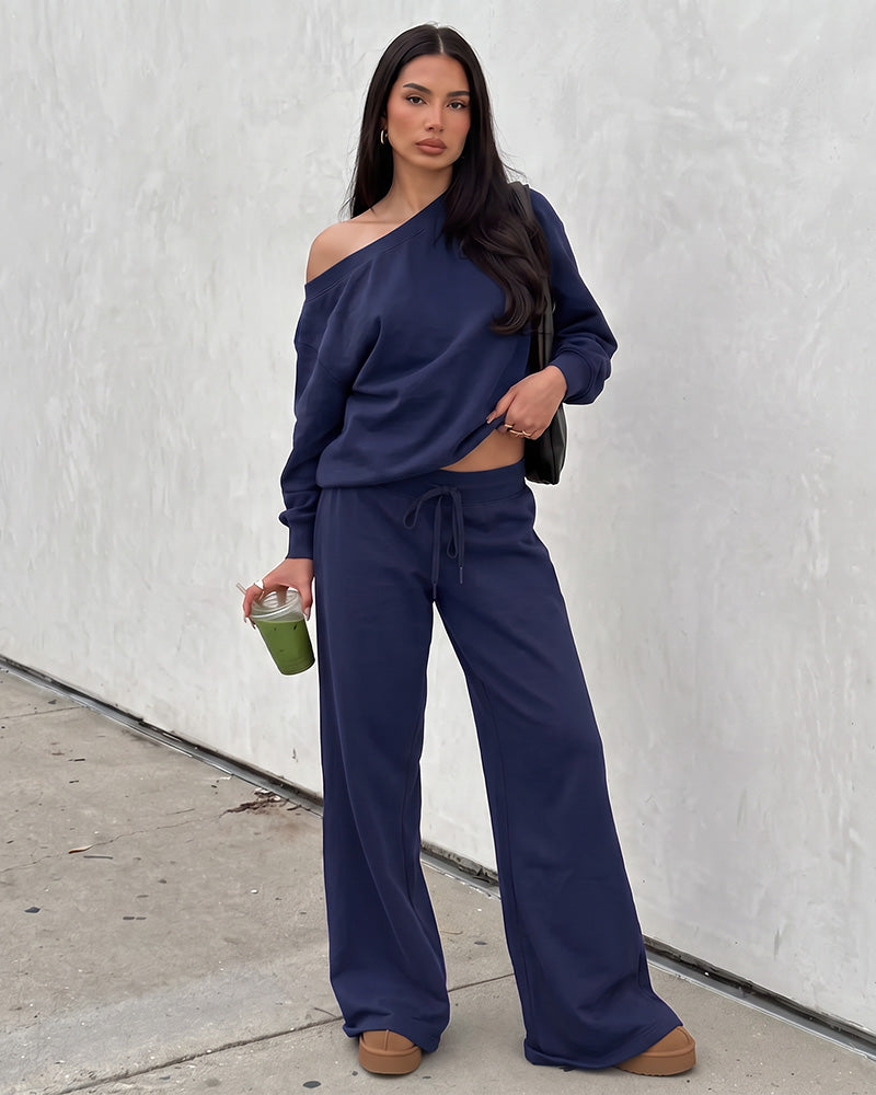 Off-Shoulder Wide-Leg 2-Piece Sweatsuit
