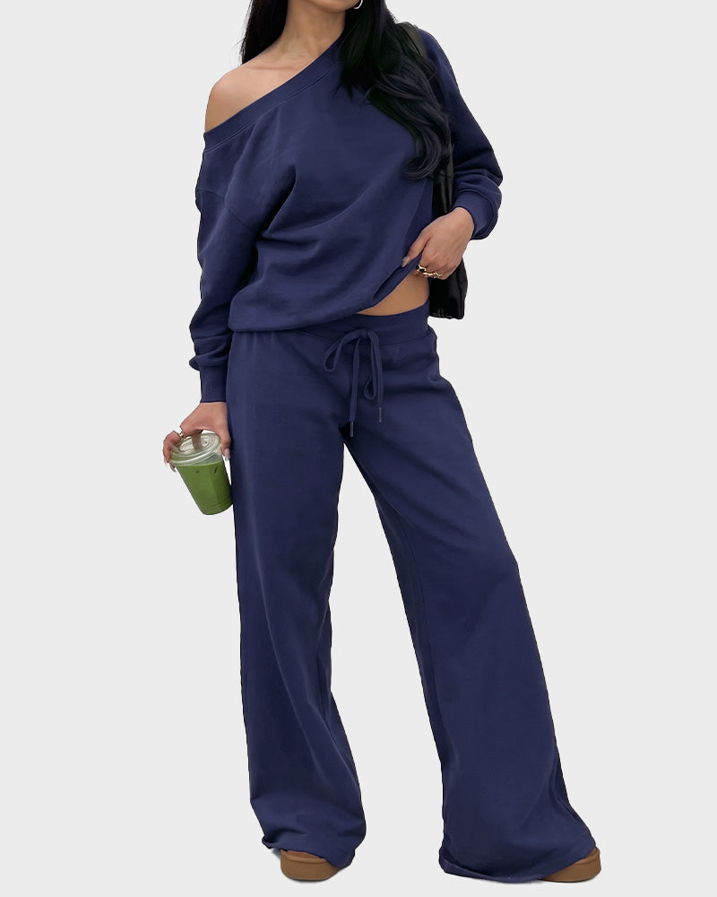 Off-Shoulder Wide-Leg 2-Piece Sweatsuit