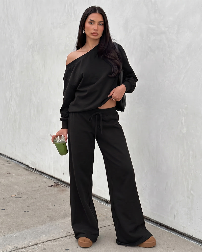 Off-Shoulder Wide-Leg 2-Piece Sweatsuit