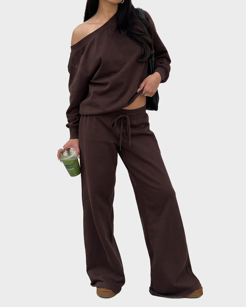 Off-Shoulder Wide-Leg 2-Piece Sweatsuit