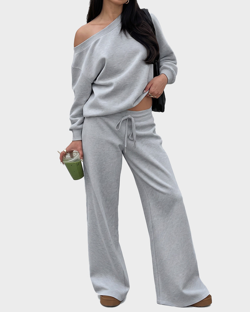 Off-Shoulder Wide-Leg 2-Piece Sweatsuit