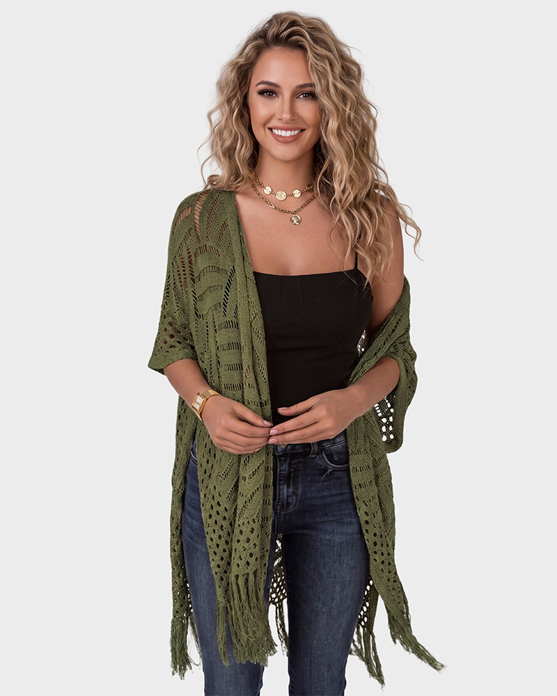 Open-Front Crochet Tassel Kimono Cardigan