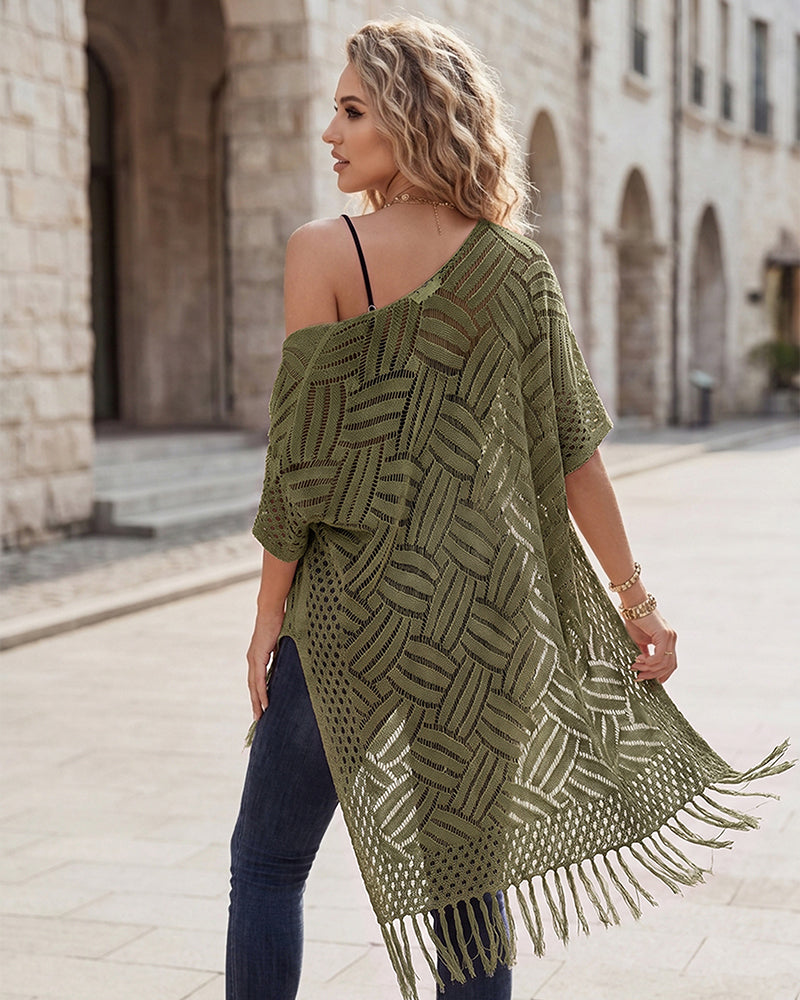 Open-Front Crochet Tassel Kimono Cardigan