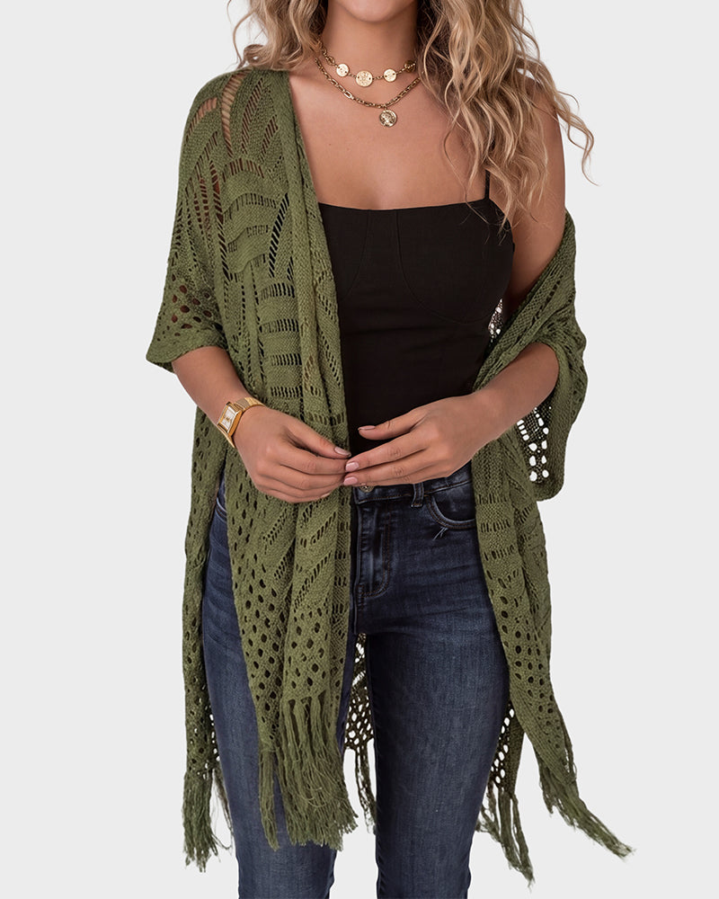 Open-Front Crochet Tassel Kimono Cardigan