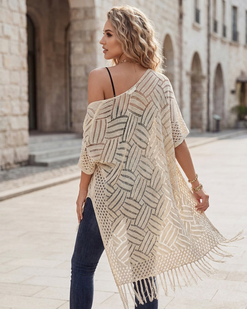 Open-Front Crochet Tassel Kimono Cardigan