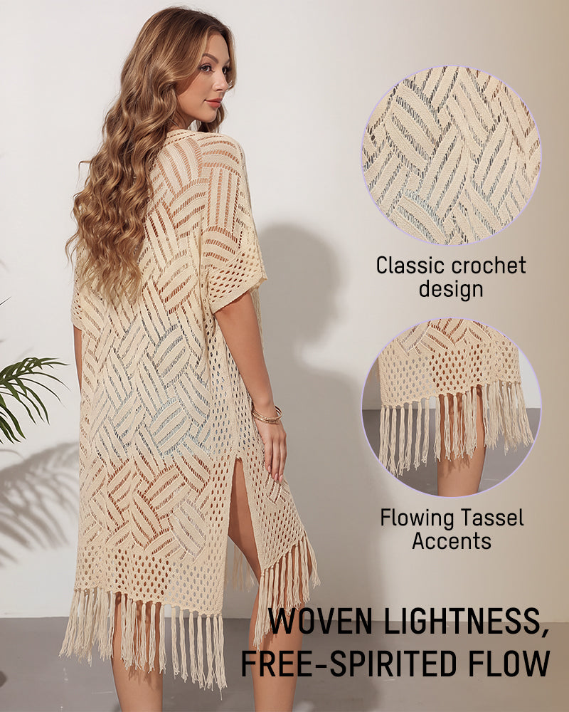 Open-Front Crochet Tassel Kimono Cardigan
