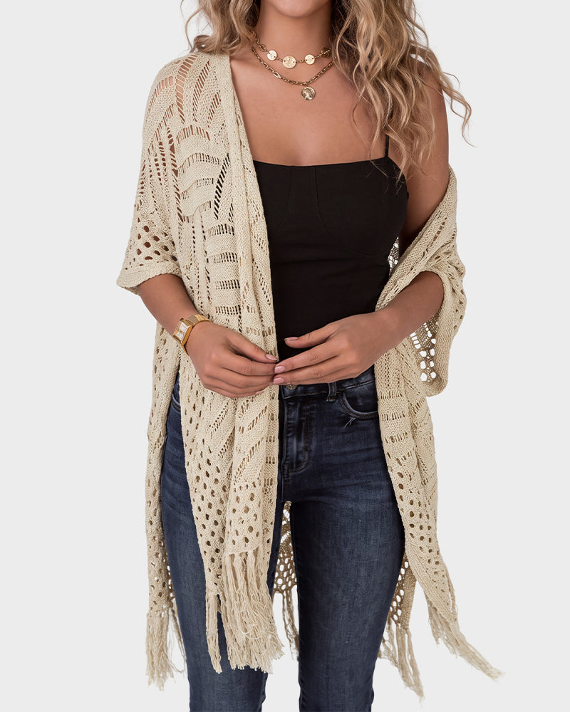 Open-Front Crochet Tassel Kimono Cardigan