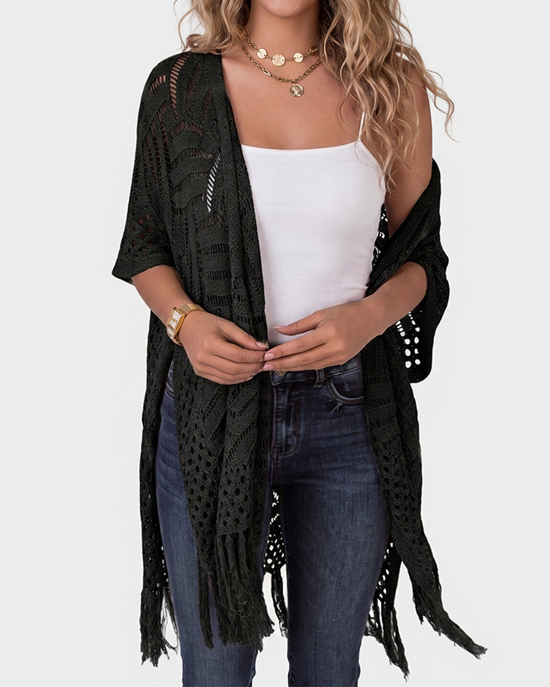 Open-Front Crochet Tassel Kimono Cardigan