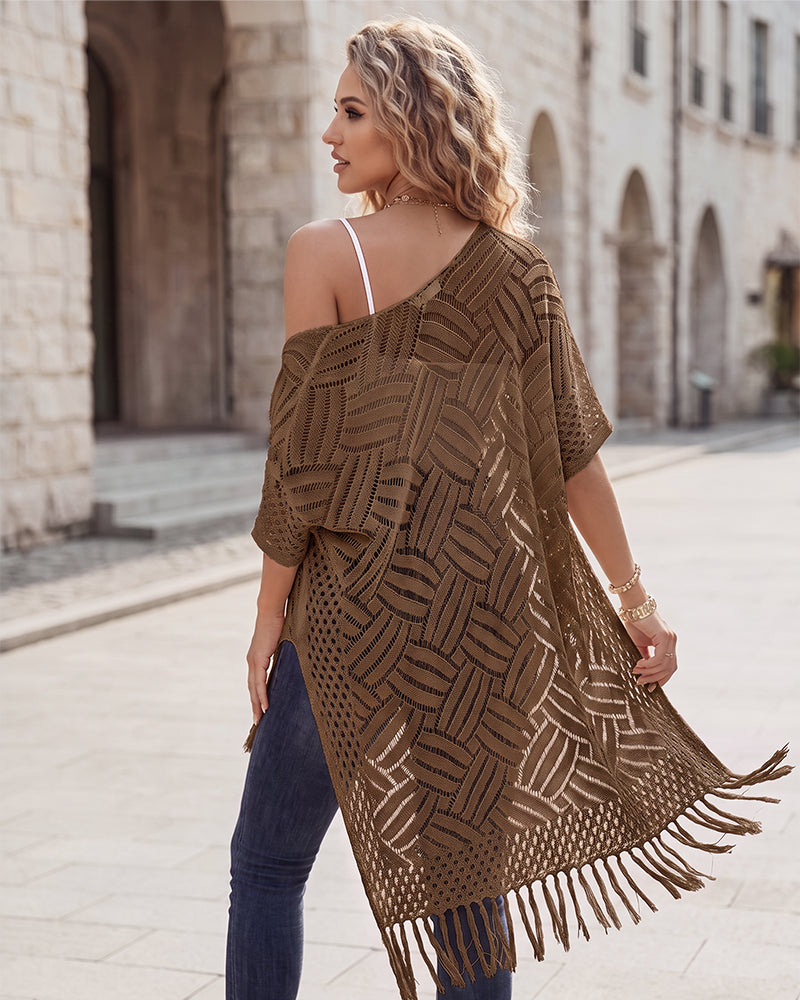 Open-Front Crochet Tassel Kimono Cardigan