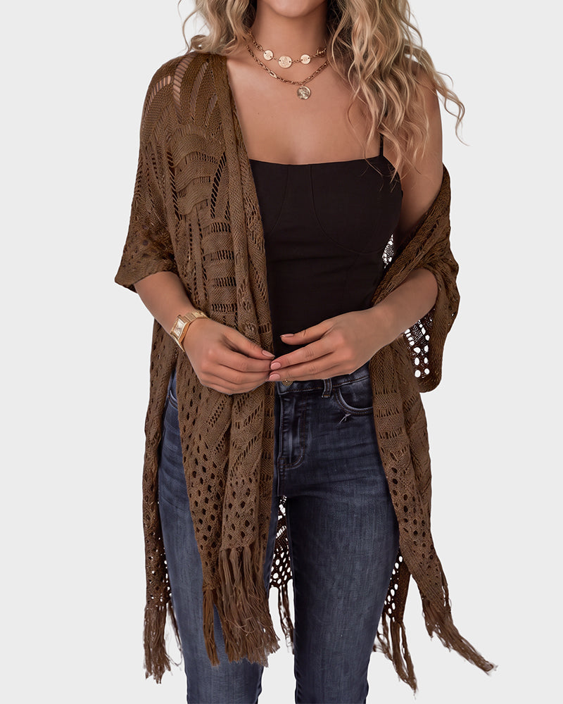 Open-Front Crochet Tassel Kimono Cardigan