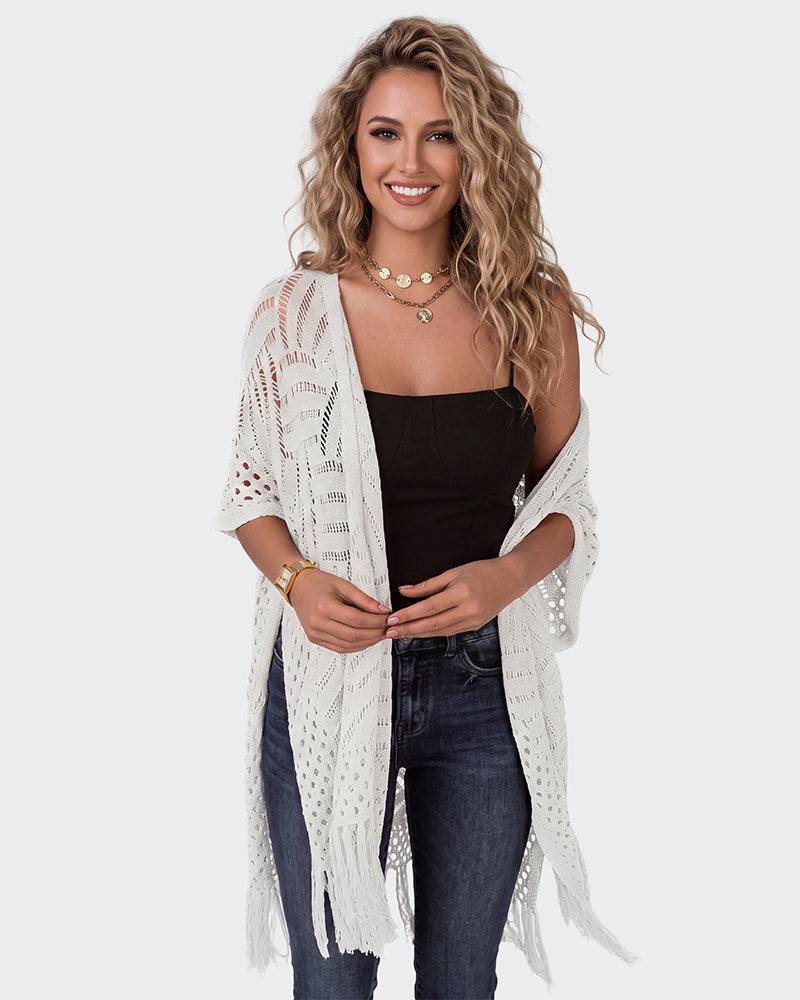Open-Front Crochet Tassel Kimono Cardigan