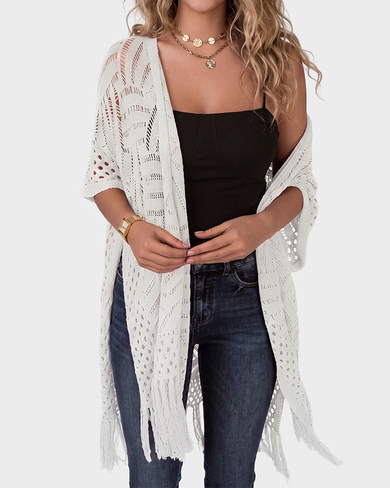 Open-Front Crochet Tassel Kimono Cardigan