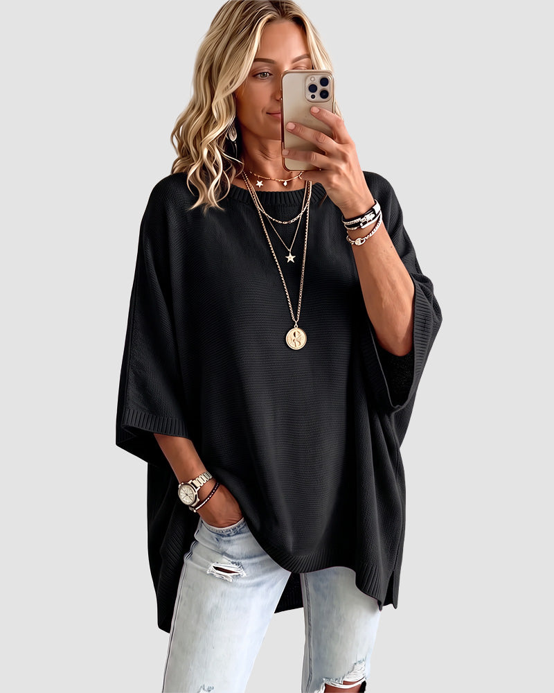 Oversized Crewneck Batwing-Sleeve Knit Sweater