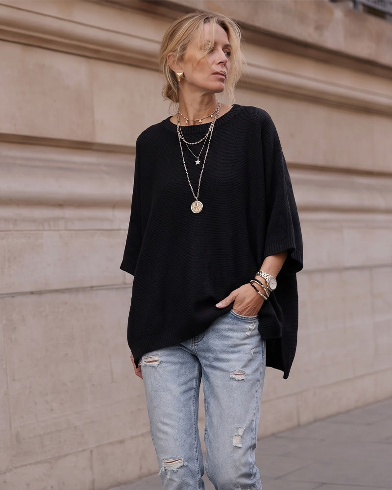 Oversized Crewneck Batwing-Sleeve Knit Sweater
