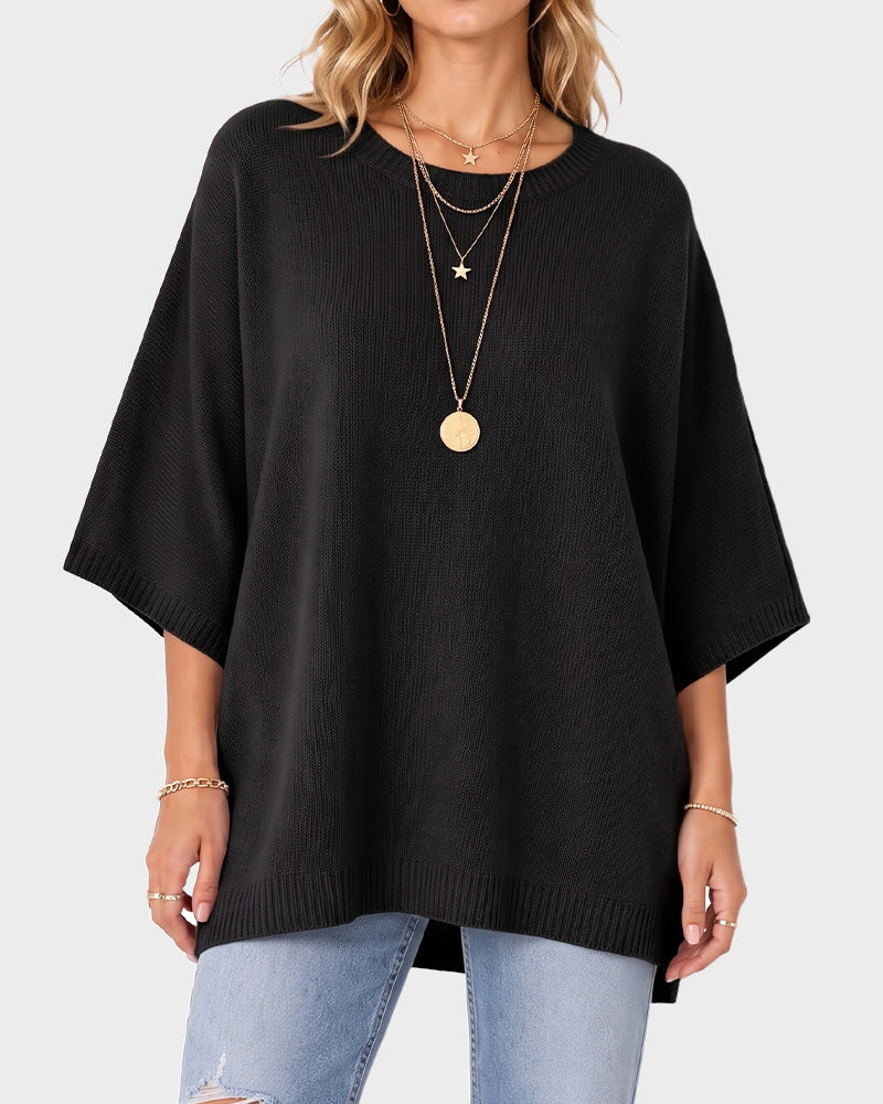 Oversized Crewneck Batwing-Sleeve Knit Sweater