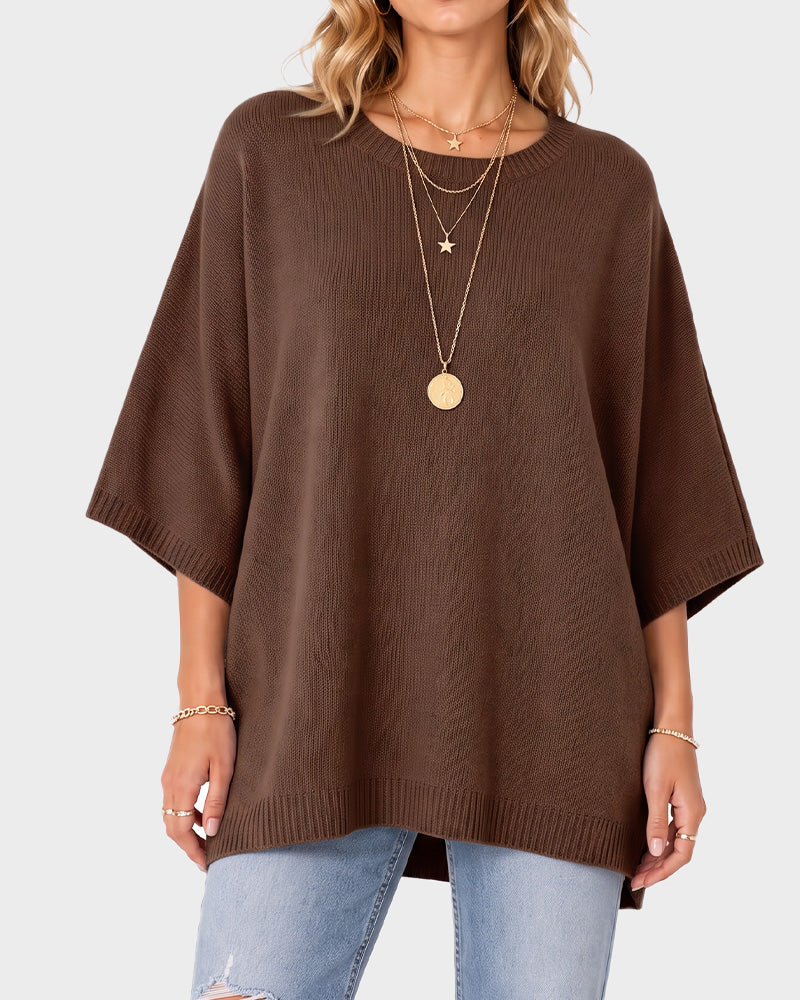 Oversized Crewneck Batwing-Sleeve Knit Sweater