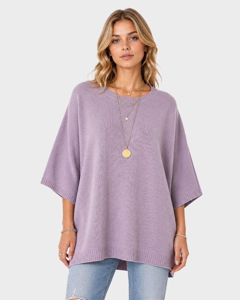 Oversized Crewneck Batwing-Sleeve Knit Sweater