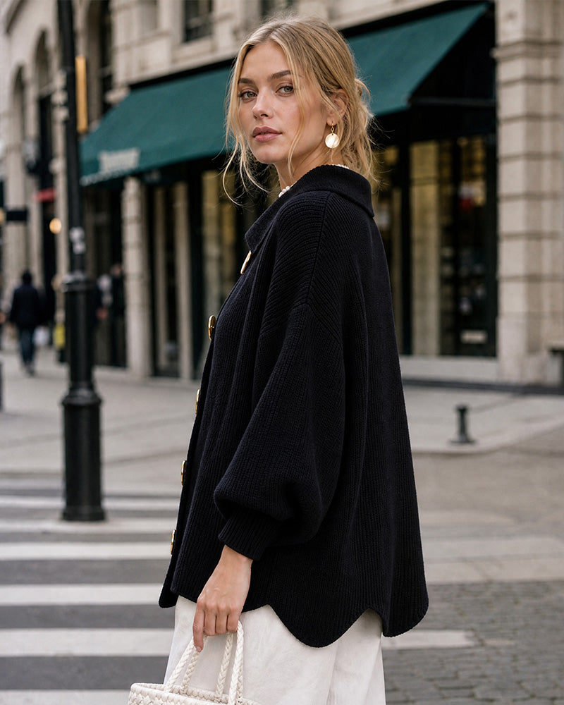 Oversized Ribbed Knit Cardigan with Gold-Tone Buttons