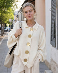 Oversized Ribbed Knit Cardigan with Gold-Tone Buttons