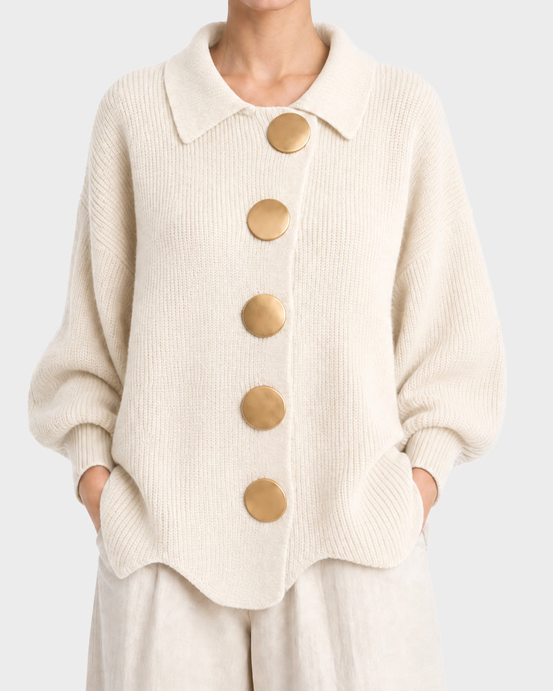 Oversized Ribbed Knit Cardigan with Gold-Tone Buttons