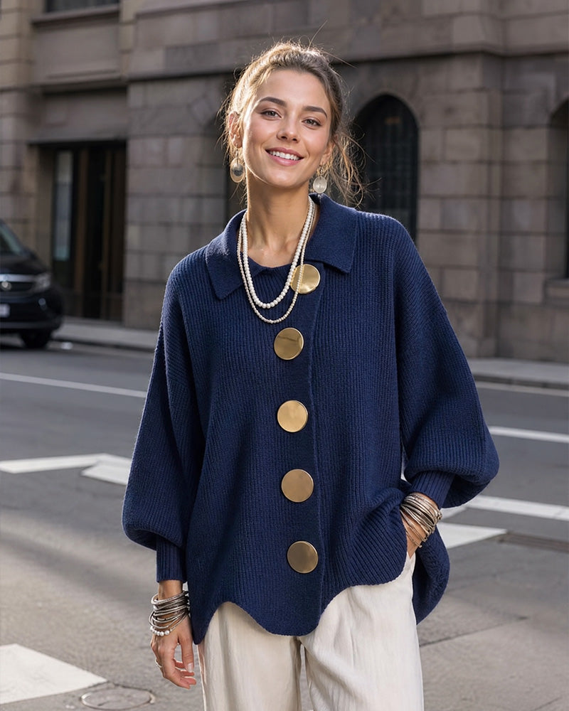 Oversized Ribbed Knit Cardigan with Gold-Tone Buttons