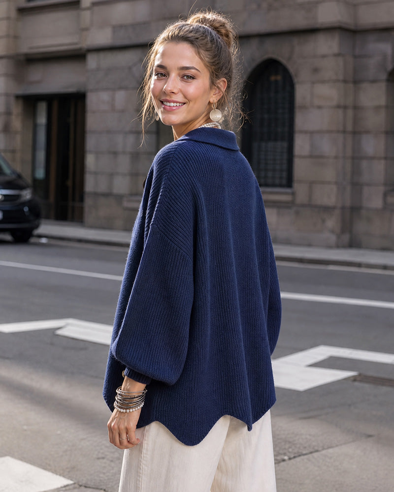 Oversized Ribbed Knit Cardigan with Gold-Tone Buttons