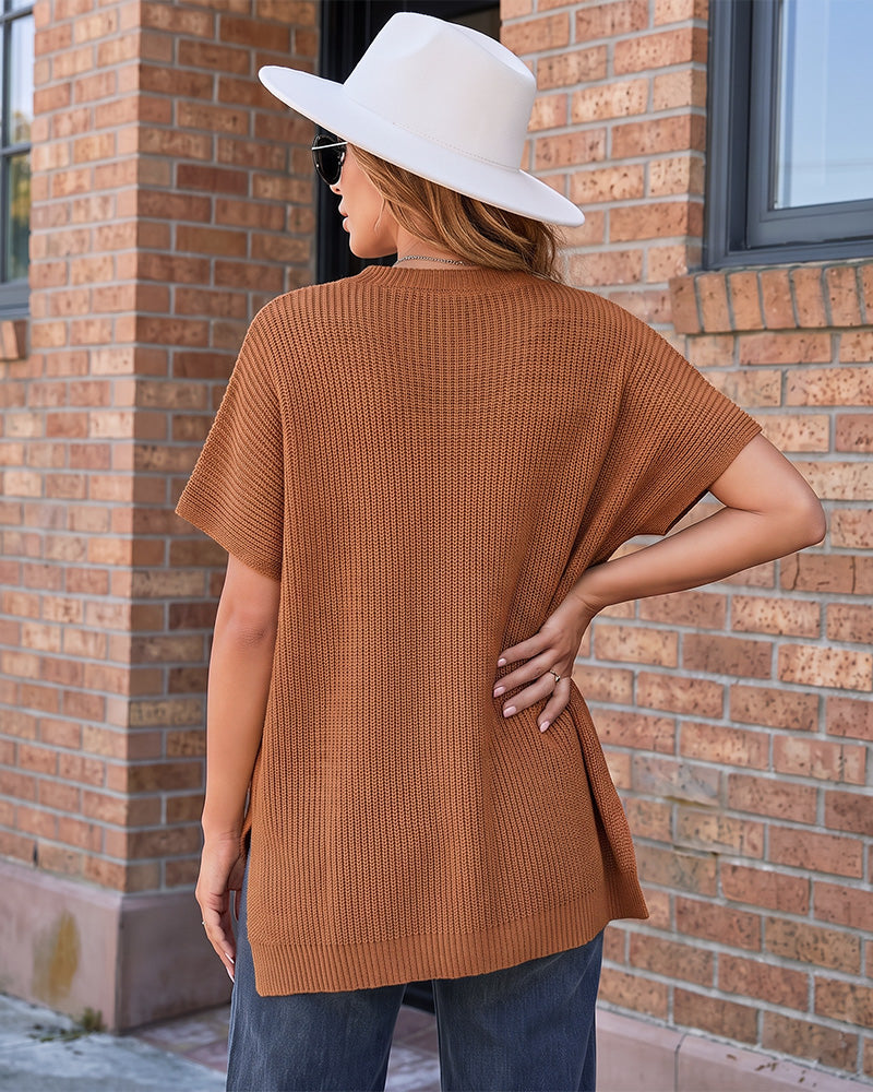 Oversized Ribbed Knit Side-Slit Sweater Top