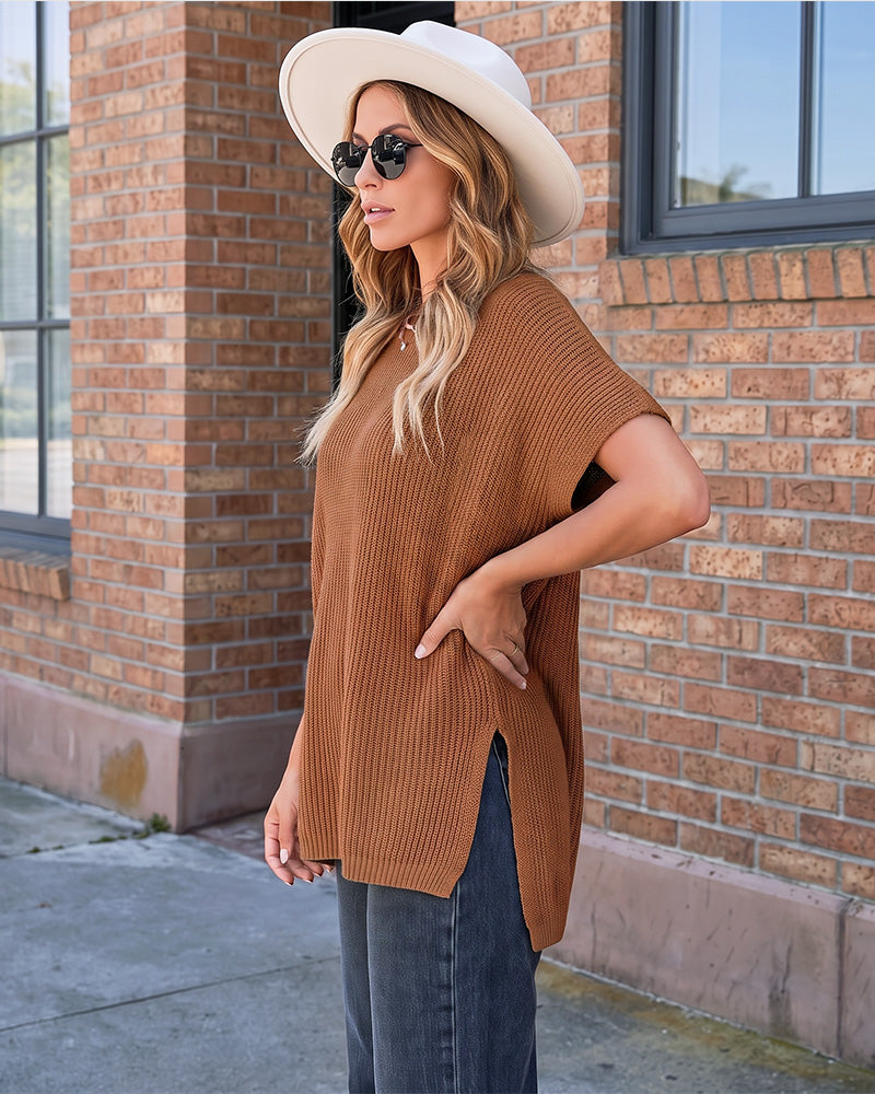 Oversized Ribbed Knit Side-Slit Sweater Top