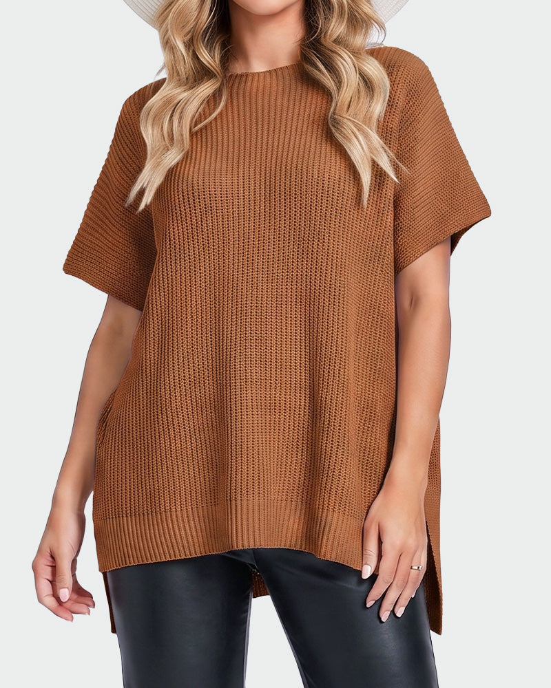 Oversized Ribbed Knit Side-Slit Sweater Top