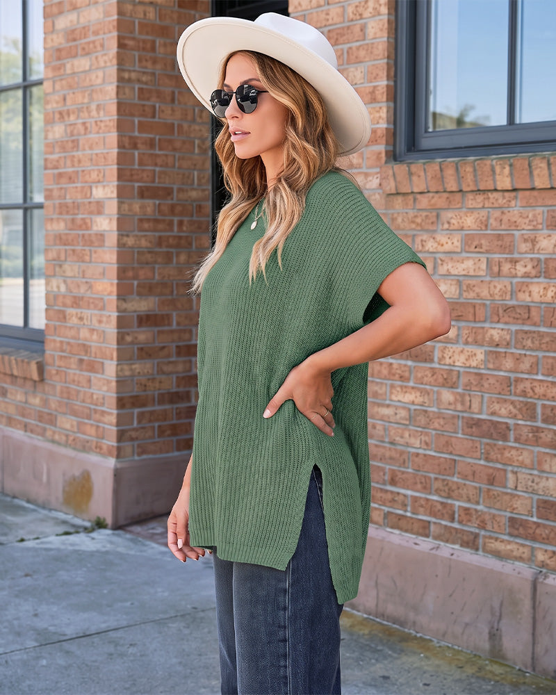 Oversized Ribbed Knit Side-Slit Sweater Top
