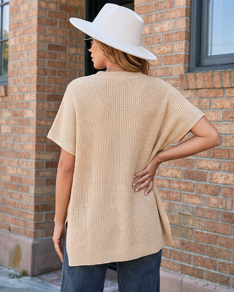 Oversized Ribbed Knit Side-Slit Sweater Top